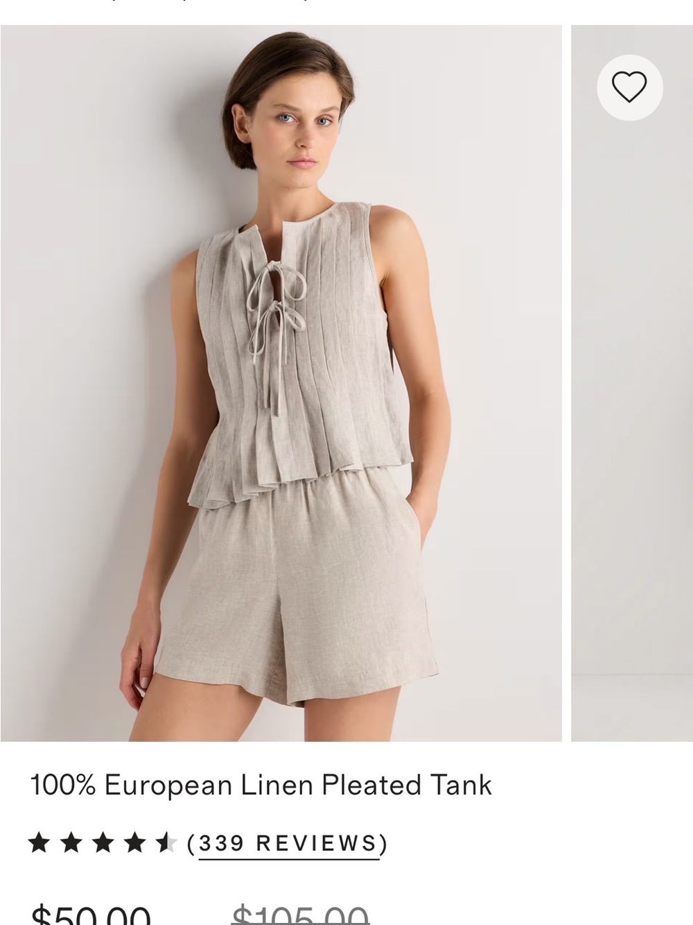 Quince Beige Linen Tie-Front Pleated Sleeveless Top
